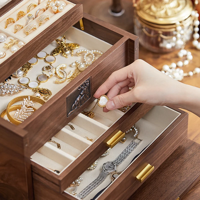 صندوق مجوهرات صيني من الخشب الصلب من خشب الجوز الأسود مع قفل أغطية الرأس الرجعية إكسسوارات الشعر صندوق تخزين مجوهرات دبوس الشعر الخشبي العتيق #2