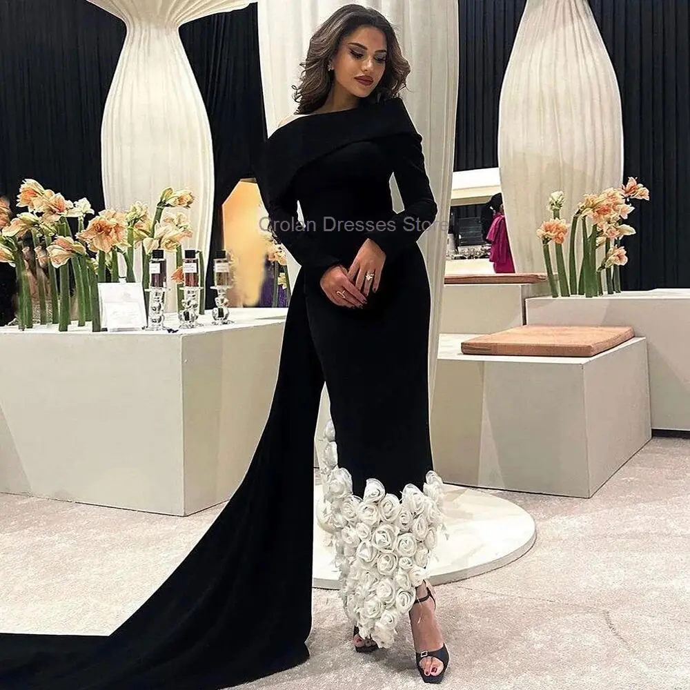 Shiyiecy Black 3D Flowers Evning Dress Saudi Arabia Boat Neck Long Sleeves Staight Prom Gowns 2024 Formal Occasion Dress Custom