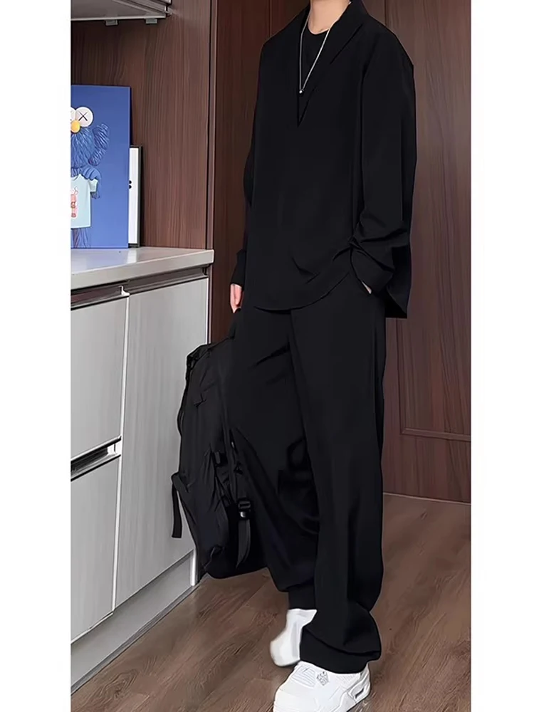 

Bla повседневный мужской осенний комплект Faion V-Ne Long Sve irt и драпированные брюки Высококачественный костюм для отдыха