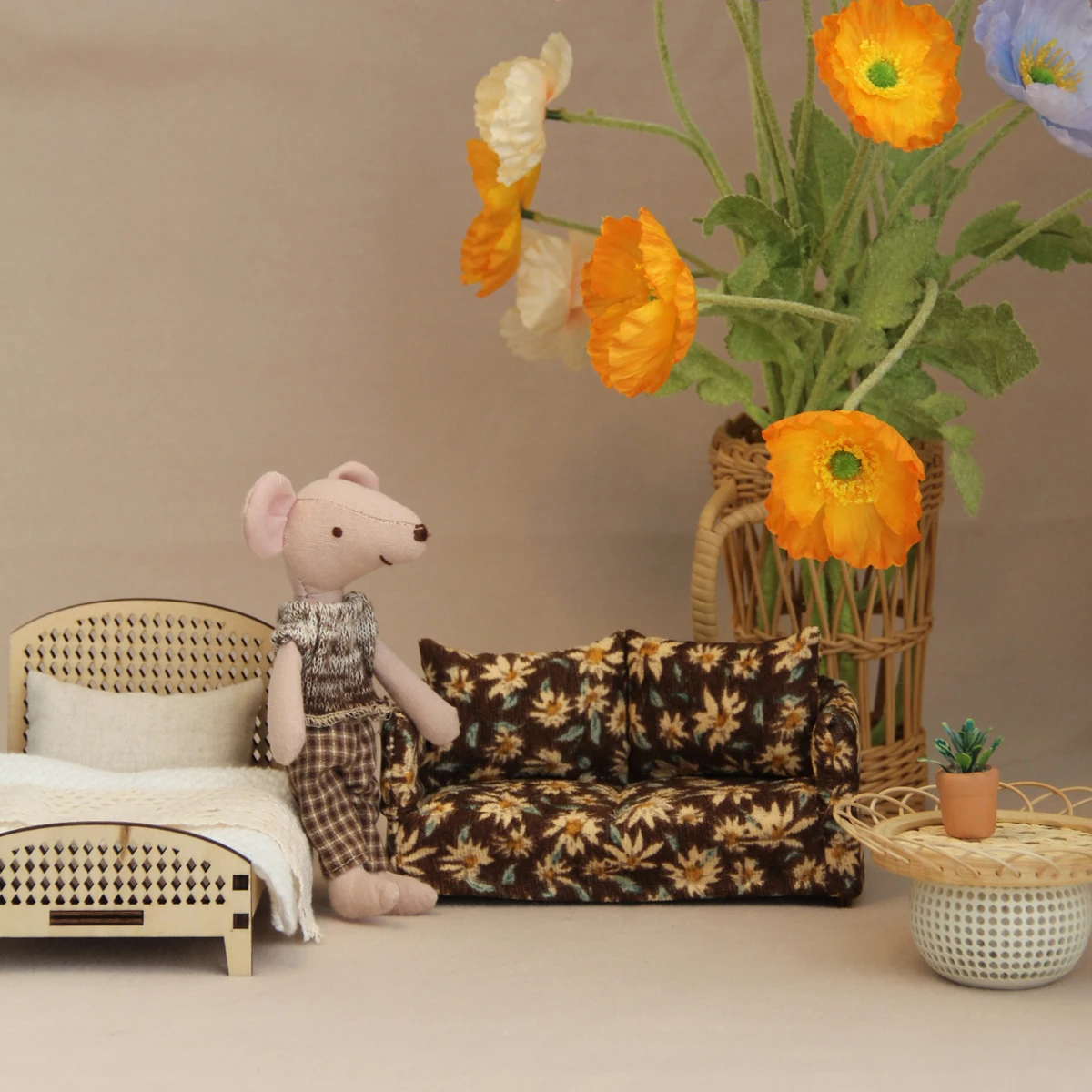 Muebles artificiales en miniatura, sofá doble Floral de pana 1:12 para muebles para el hogar de casa de muñecas Bjd Ob11