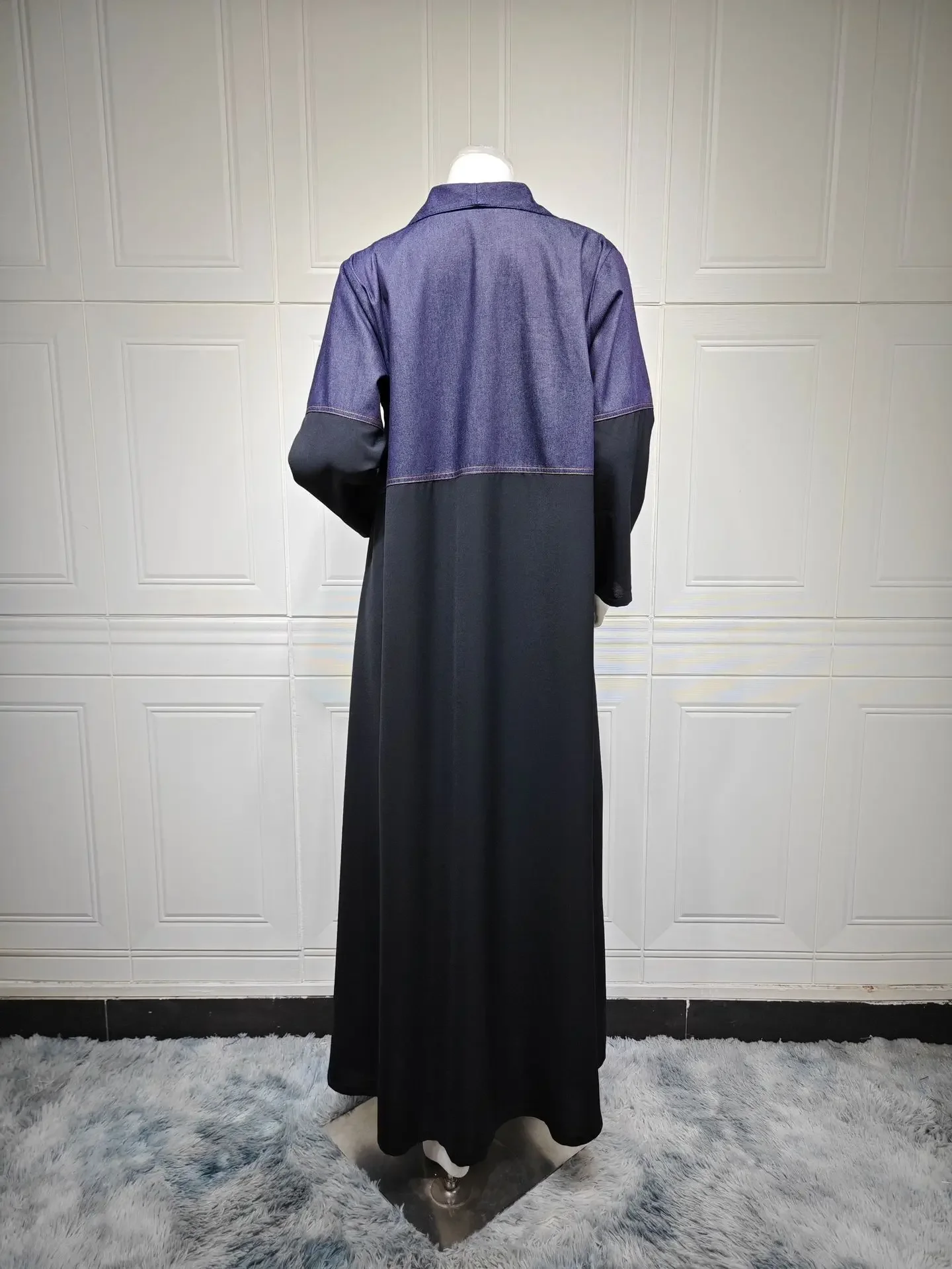 2025 الدنيم المرقعة سترة مفتوحة عباية بدوره إلى أسفل طوق دبي مسلم فستان طويل فضفاض عادية قفطان رداء جلابية الإسلام الملابس