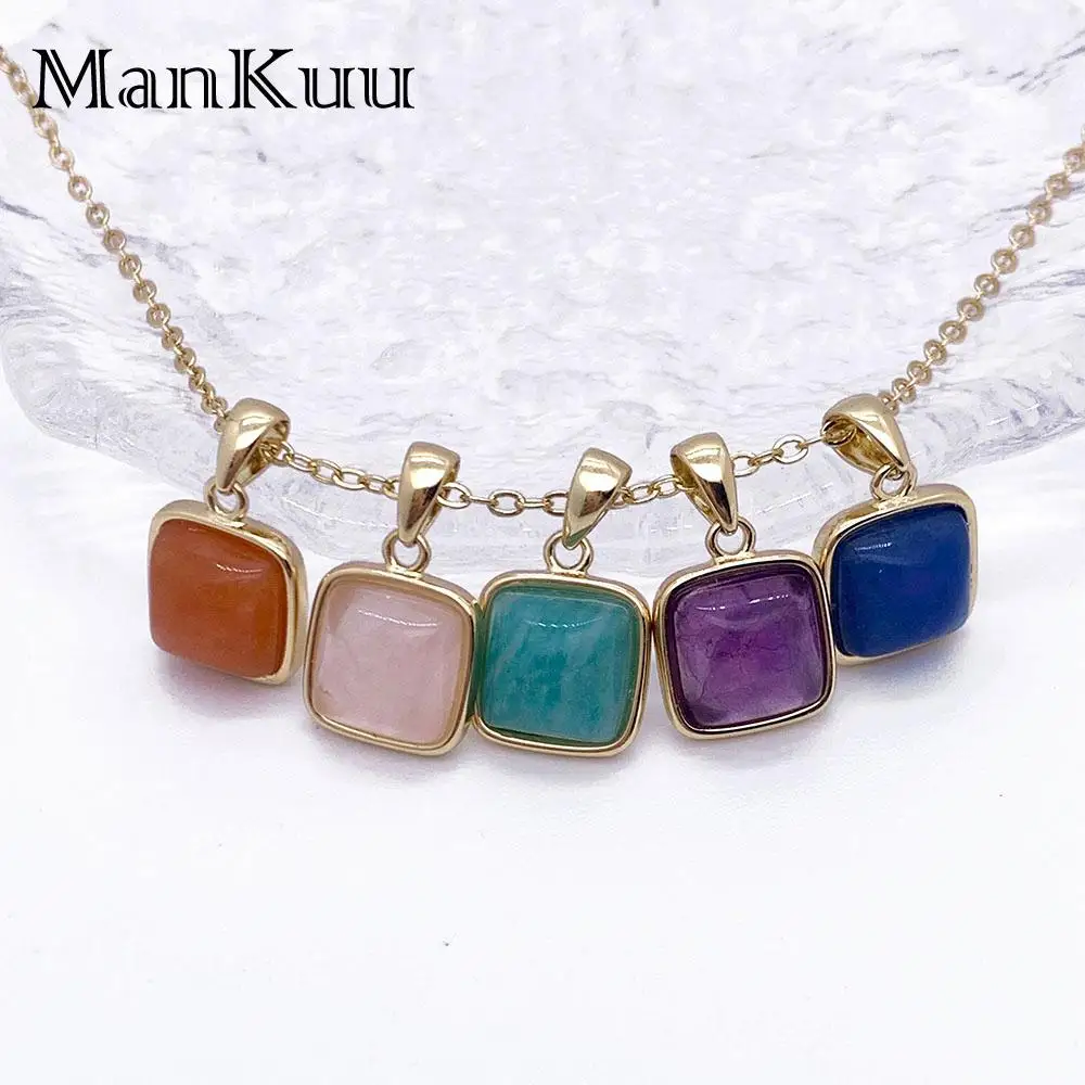 mankuu elegant 8mm square natural crystal gemstone pendants gold plated jewelry diy making necklace for charm women daily
