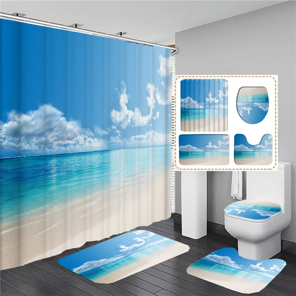

Beach Seaside Scenery Print Shower Curtain Ocean 3D Bathroom Curtains Flannel Anti-slip Carpet Toilet Lid Cover Bath Mats Rugs