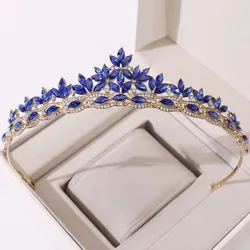DIEZI Elegant Green Blue Leaves Rhinestone Tiara Crown For Women Party Wedding Bridal Bride Crystal Tiara Crown Hair Jewelry
