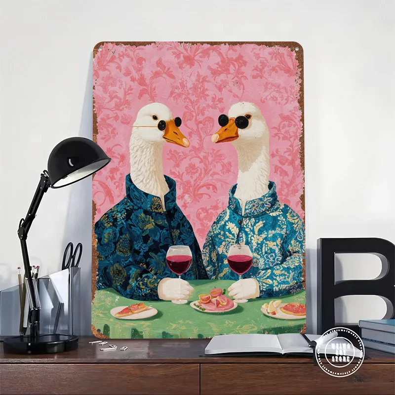 Dapper Geese Enjoying Wine and Appetizers 3D Texture Printed Poster Custom Vintage Metal Tin Plate Sign for Wall Art Decor Room