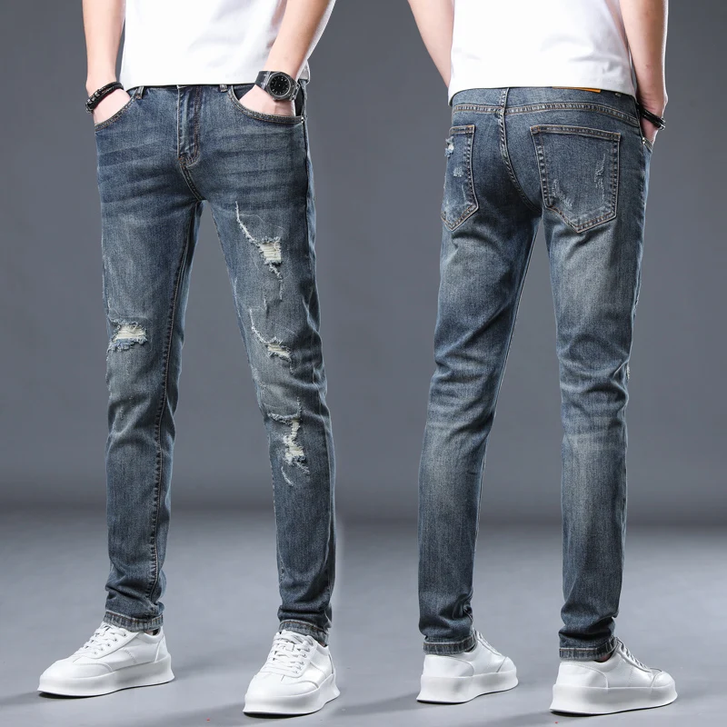 spring and autumn retro slim fit small foot elastic casual pant  skinny ripped Distressed jeans men  cargo pants men