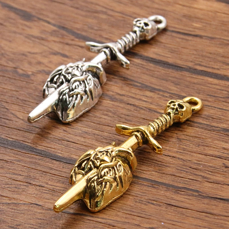 10PCS 14*50mm Metal Alloy Two Color Skull Sword Heart Charms Halloween Weapon Pendant For Jewelry Making DIY Handmade Craft