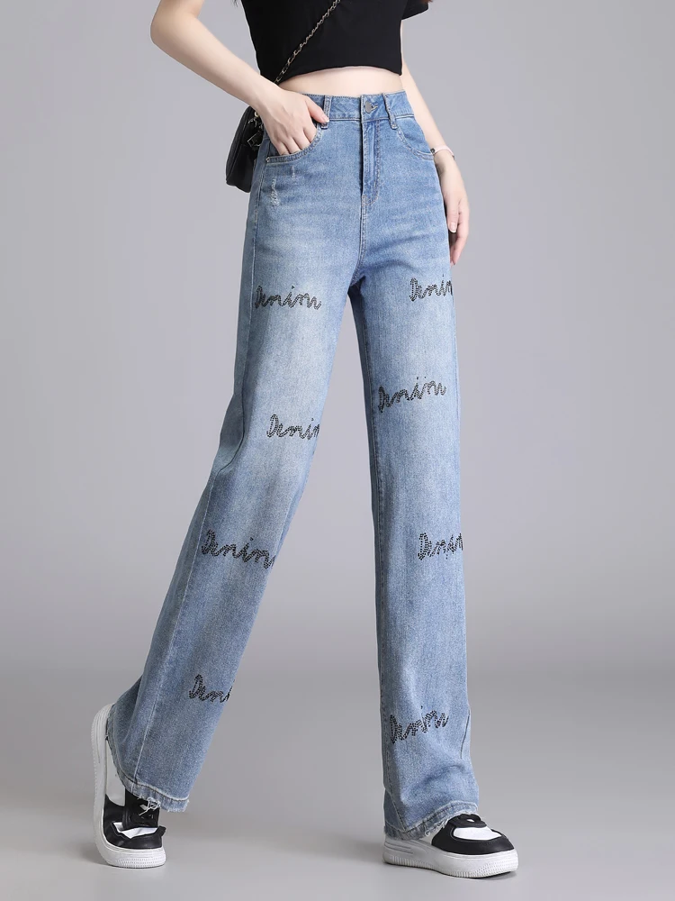 

High Waist Straight Leg Jeans Women Summer Thin New Korean Loose Diamond Casual Pants Narrow Version Wide Leg Pants