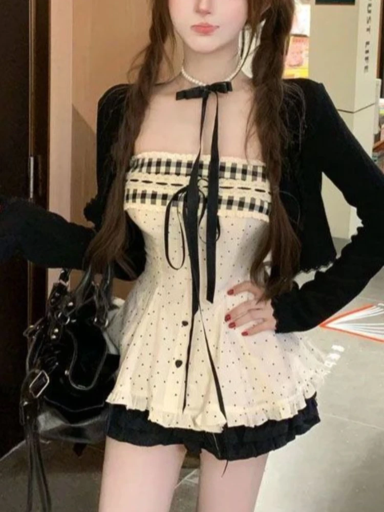 

Korean Elegant Fashion 3 Piece Set Women Chic Cardigan + Y2k Polka Dot Tops + Skirts Japanese Casual High Street Outfits Summer