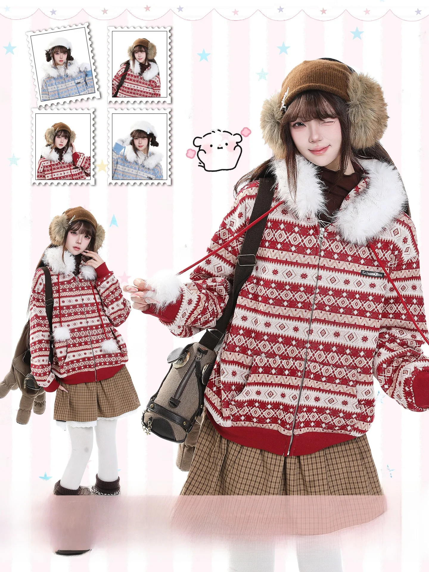 Korean Style Faux Fur Collar Hooded Cotton Jacket Women's Winter Thick Warm Loose Casual Color Block Cotton Coat