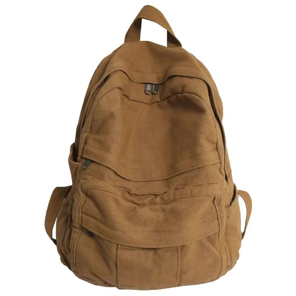 Vintage Large Capacity Canvas Backpack Multi-Pocket Wear-resistant Laptop Backpack Lightweight Solid Color Students School Bag