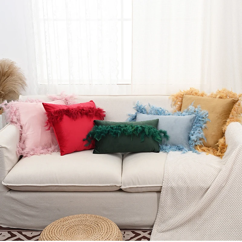 

Solid Color Feather Patchwork Cushion Cover Home Decor Velvet Pillow Cover Decorative Pompom Throw Pillowcase Pillowsham 45x45CM