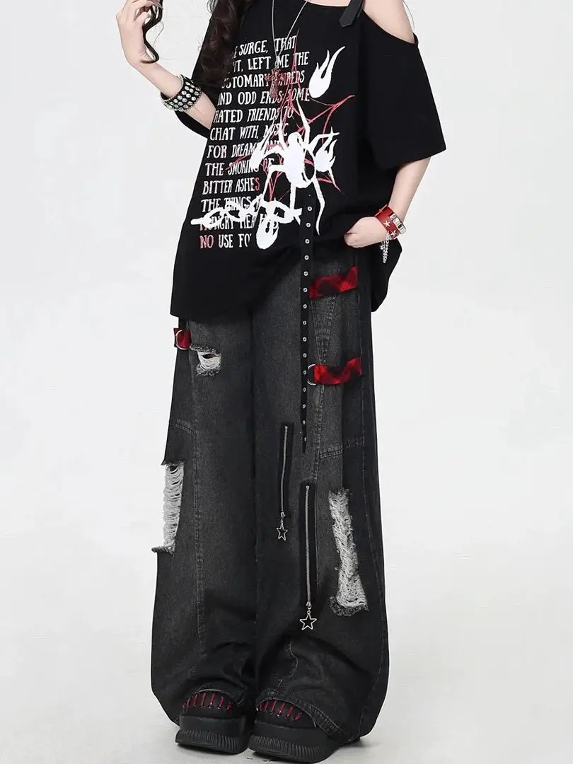 Y2K rouge gothique Hip-Hop trou Vintage jean fille haute rue tendance américain Baggy lavage ceinture globale épissage femme pantalon à jambes larges