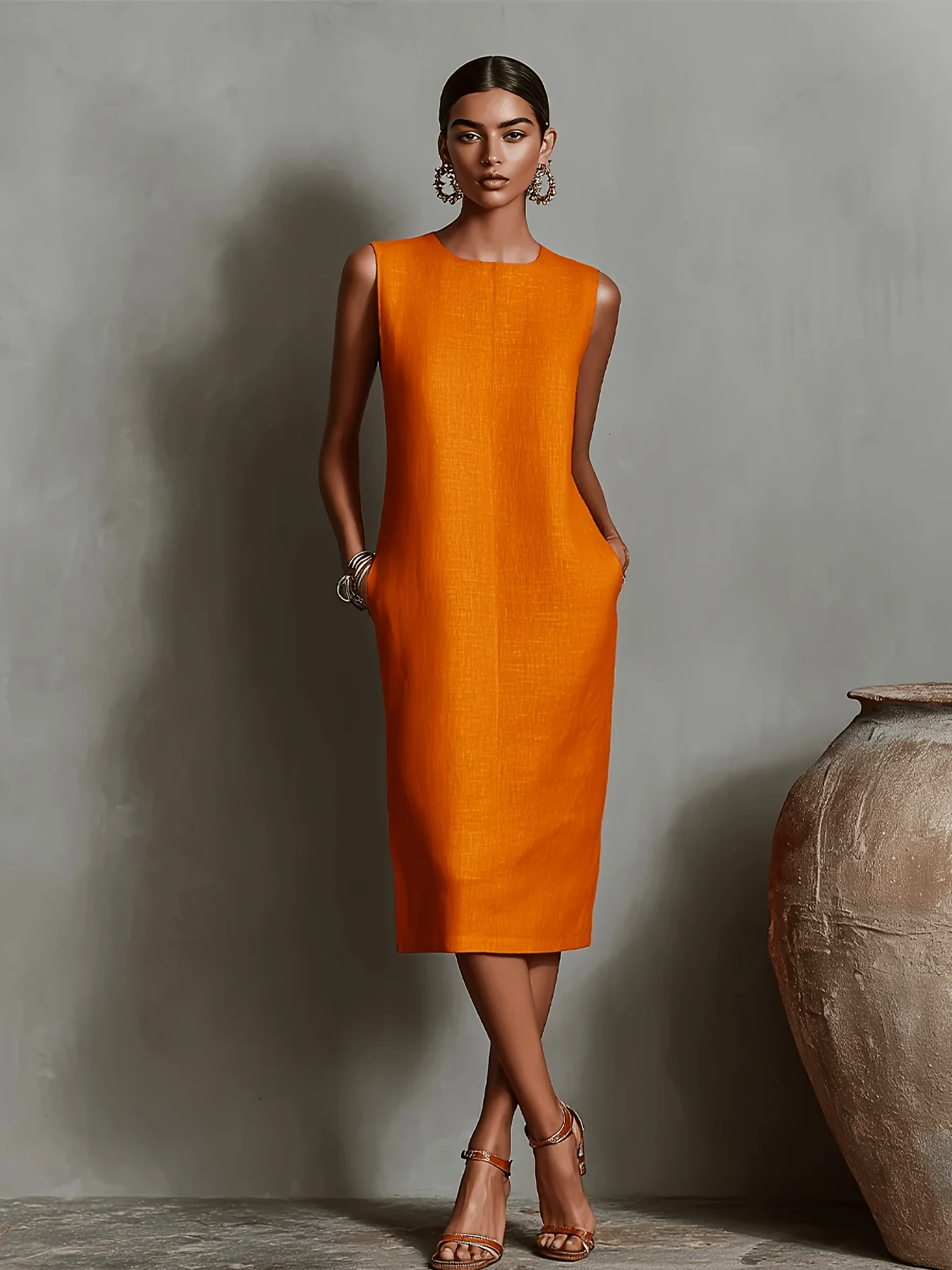 Damenkleid in Orange - Ärmelloses Midikleid mit Rundhalsausschnitt, Lockerer Passform und Taschen