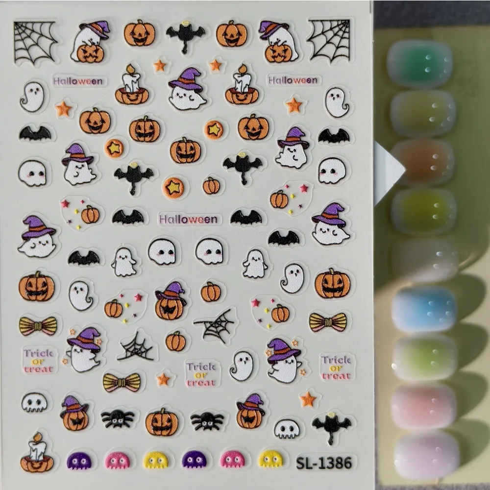 1Pc Ghost Pumpkin Halloween Nail Decals, Embossed Small Pattern Stickers, Self-Adhesive Nail Art Decor
