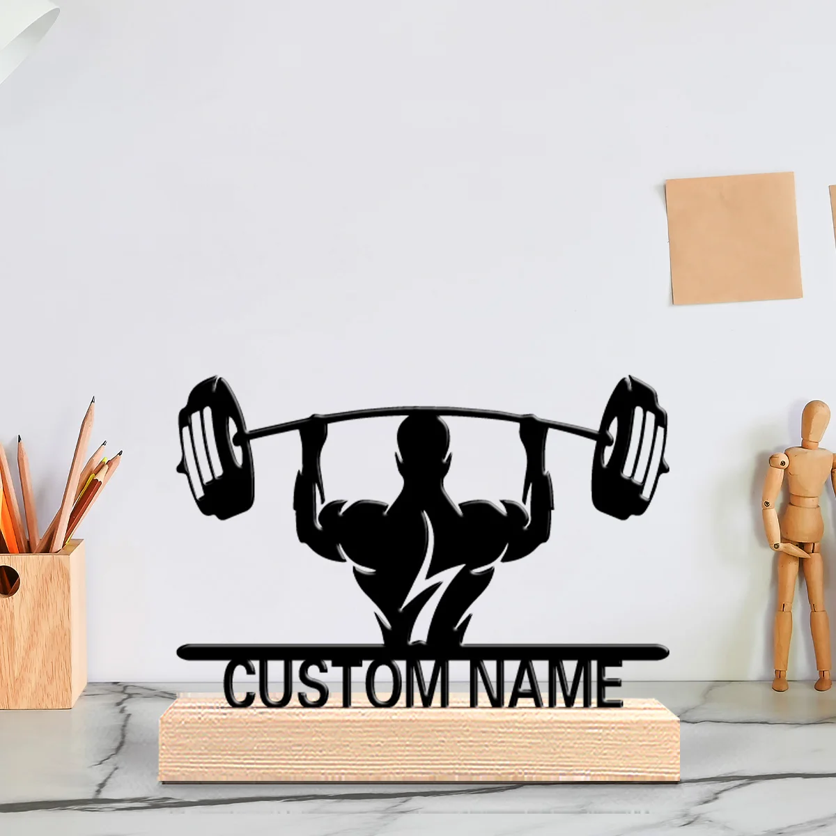 1pc Simple lift Custom Letter Art Metal Statue Iron Ornament Figurine With Wood Base Metal Statue For Home Desk Decor