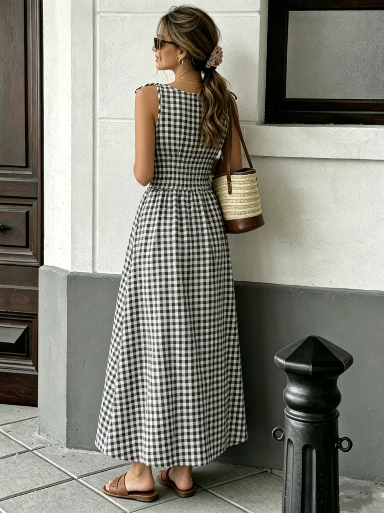 Summer Fashion New Style Fresh Ins Style Versatile Grid Pattern Waist Pulling Strap Strap Long Dress