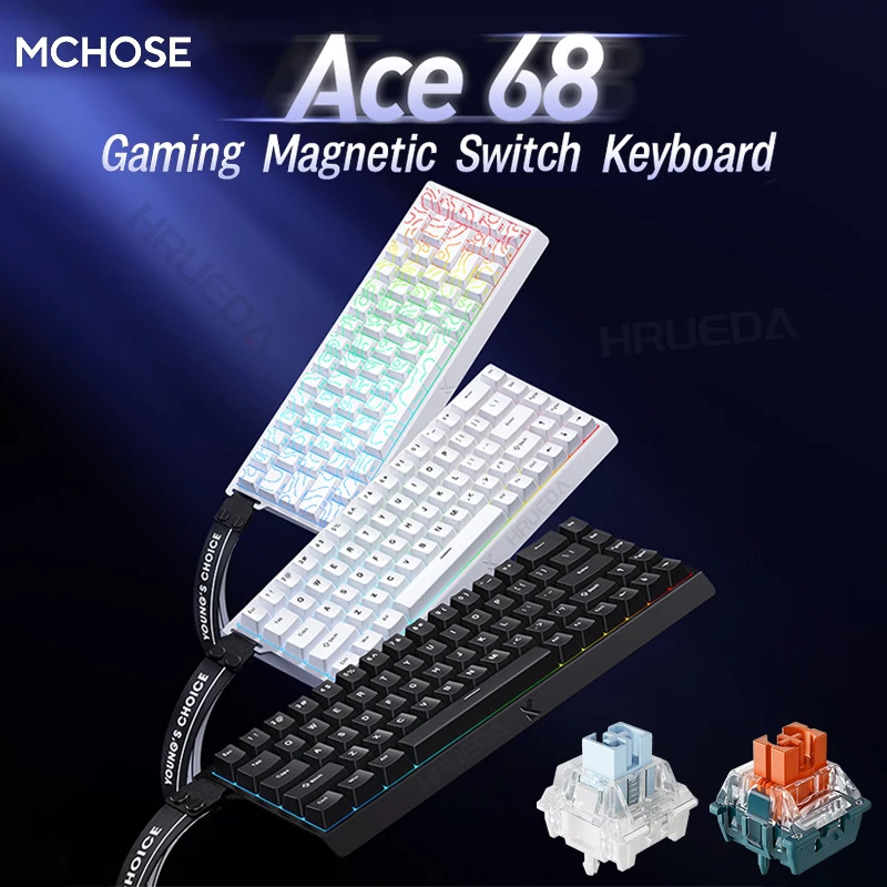 

MCHOSE ACE68 Магнитная клавиатура Проводная механическая ACE60 Pro для игр 0,01 ммRapidTrigg 8000 Гц SOCD/Rs 0,125 мс, частота дискретизации 128 К