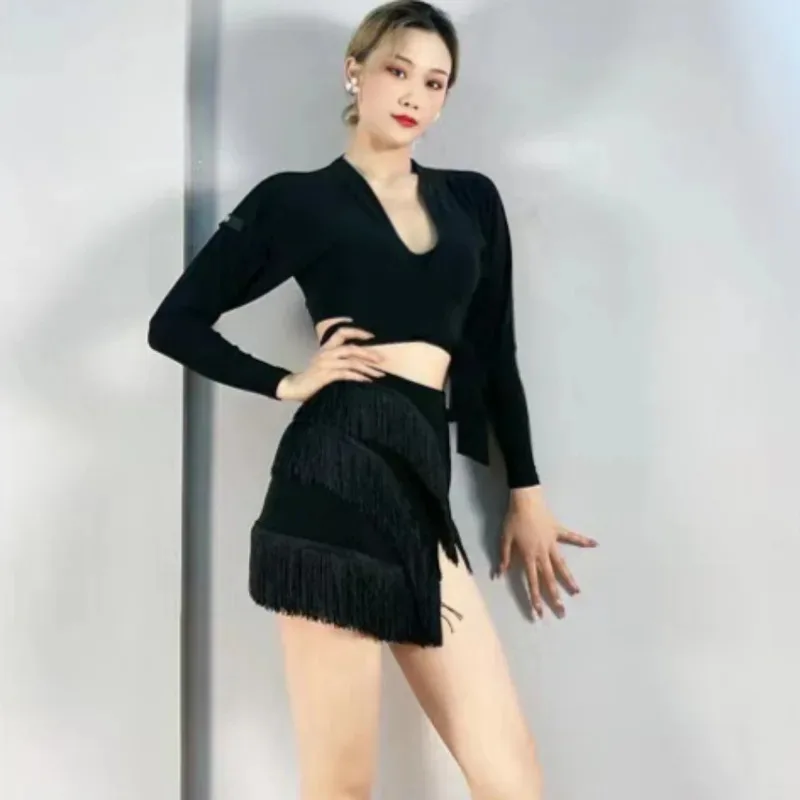 Sky01 Latin Dance Skirt for Adult Women with Tassels Hip Slit and Half Body Practice New Training Dance SkirtWd01@