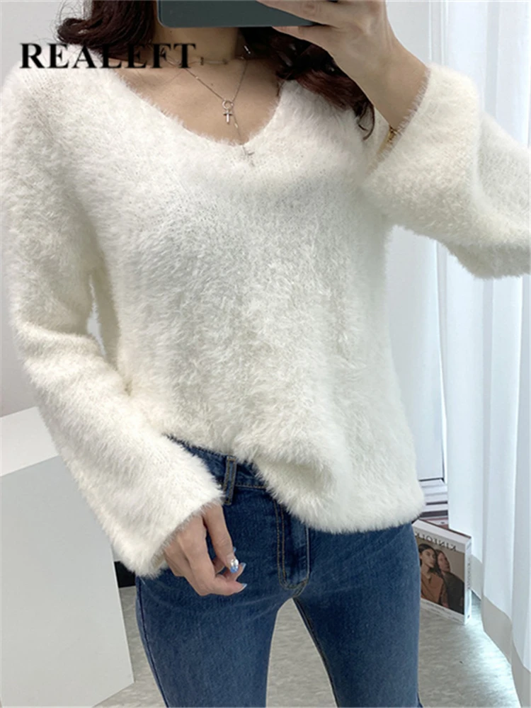 

REALEFT Autumn Winter Mink Cashmere Women's Sweaters Solid Casual V-Neck Knitted Pullovers Sweaters Korean Female 2023 New