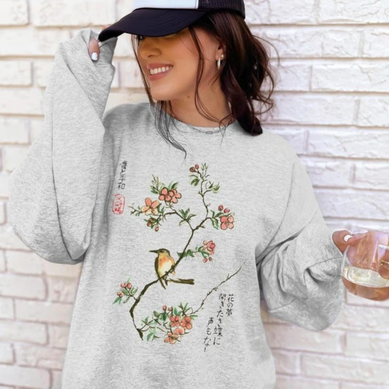 Japanese Birds on Sakura Sweatshirts  Aesthetic Wabi Sabi Style Crewneck Sweaters Cherry Blossom Japanese Art Hoody Long Sleeve