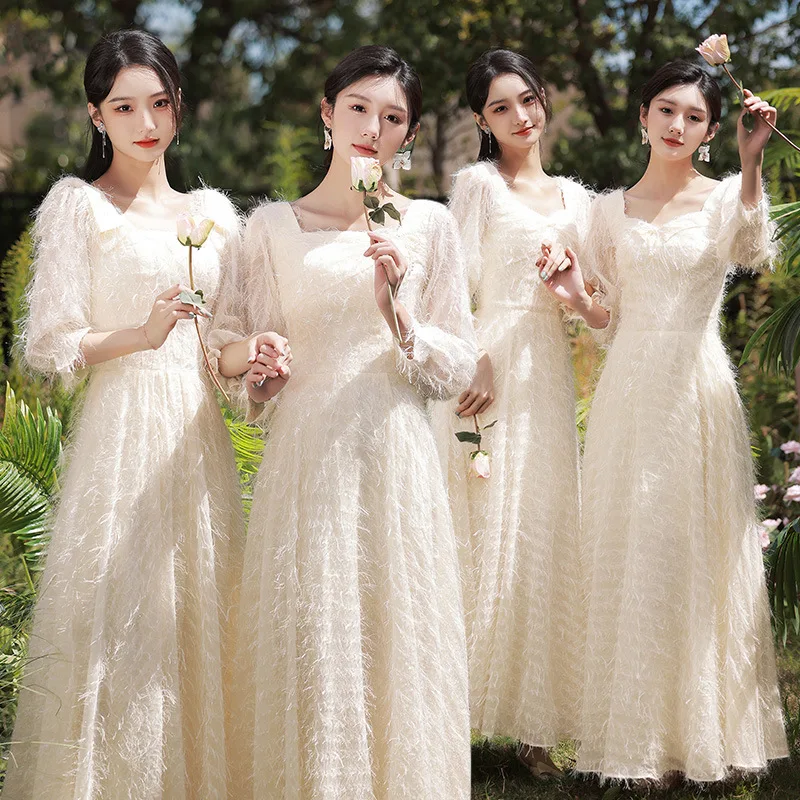 

Плюшевое платье подружки невесты цвета шампанского, новинка 2023, осень-зима, квадратный воротник, рукав три четверти, трапециевидное платье для свадебной вечеринки, платье для гостей