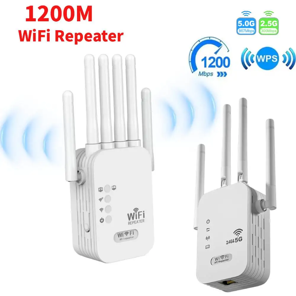 

1200Mbps 2.4G/5GHz Dual-Band WiFi Repeater Wireless WiFi Signal Extender Amplifier Router Long Range Network Signal Booster