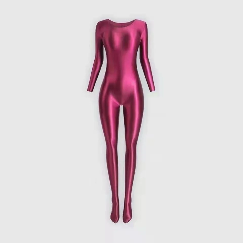 Sexy Glossy Satin Open Crotch Tight Jumpsuit Long Sleeve Foot Wrap Tights Running Sportswear Body Suits for Women Romper