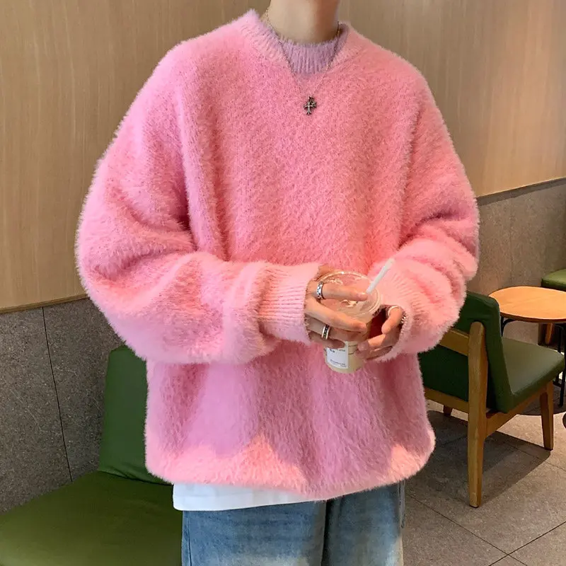 

Autumn Winter New Sle Pink Faux Mink Soft Camere Loose round Ne Knitted Sweater for Men And Women Lazy Sle Top