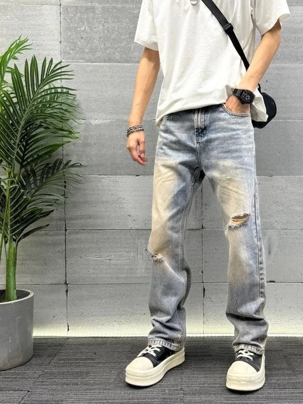 Washed Vintage Hole Jeans Youth Fashion Straight Leg Pants Men's Flared Pants Spring Summer Long Jeans Casual Slim Fit