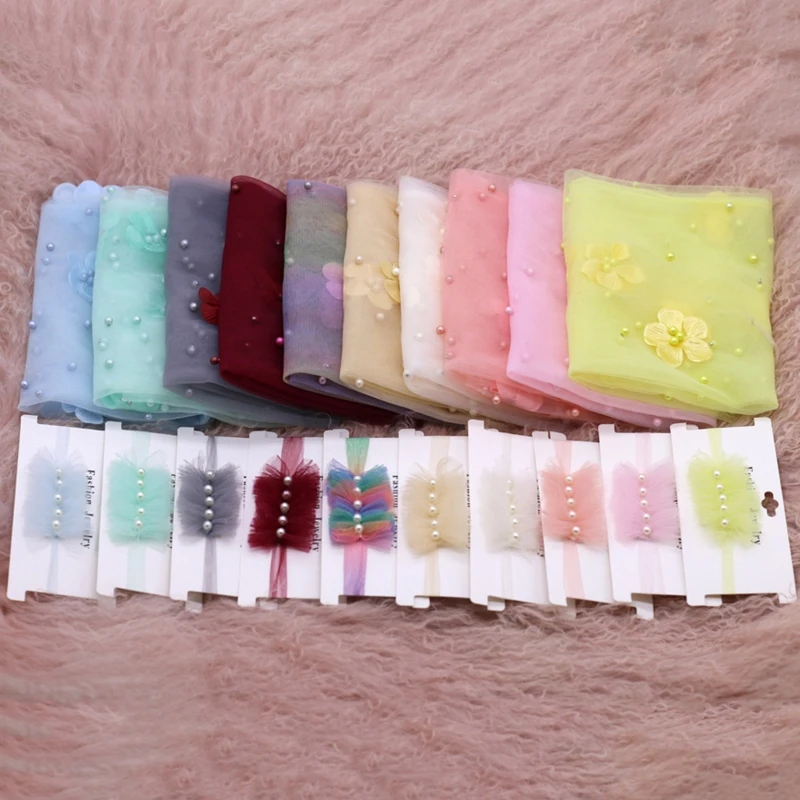 2Pcs Newborn Baby Photography Props Long Wrap Chiffon Beads Flower Decoration DIY Photo Props Blanket with Headbands