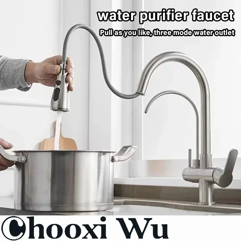 CHOOXIWU - Brass 3-Way Pull-Out Kitchen Faucet with Filter - Pull down Hot Cold Water Kitchen Sink Mixer Tap for Pure Water