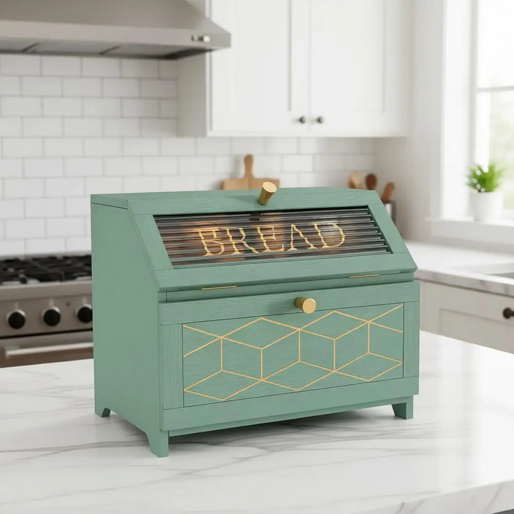 

Green Double Layer Wooden Bread Box for Countertop Kitchen Storage