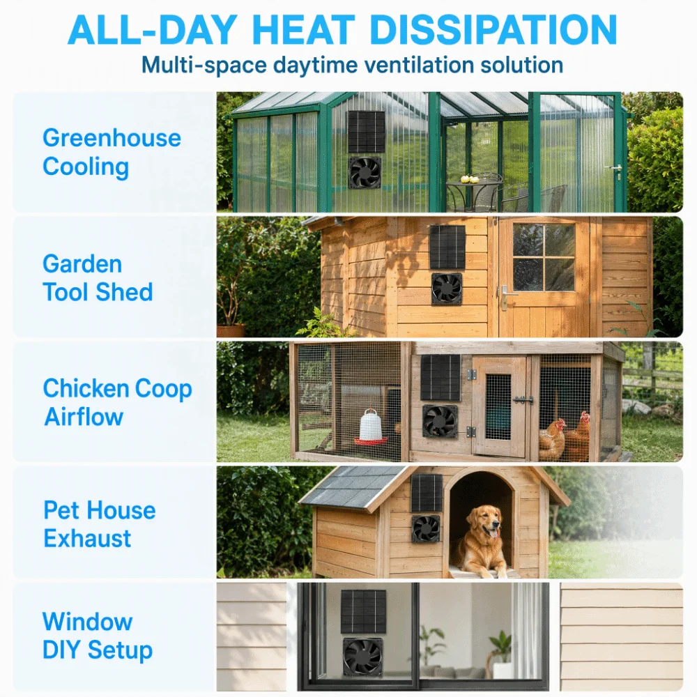 Durable Black Solar Panel Fan Kit DC Output 2W, 6V Solar Powered Exhaust Fan Greenhouse Exhaust Fan Plant Growing Area