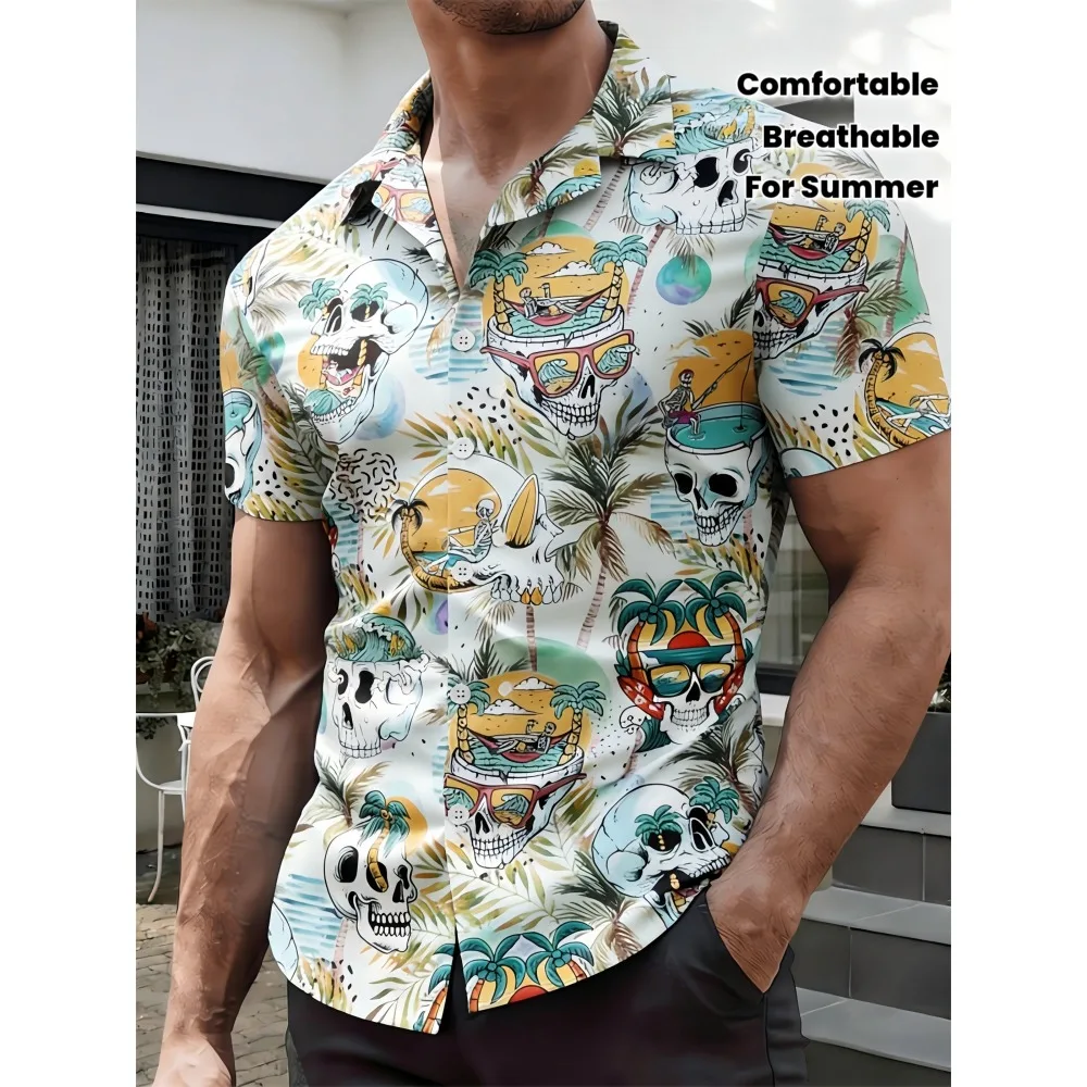 Tropical Surf Skeleton Palm Leaf Aloha Shirt Men Loose Fit Lightweight Short Sleeve Holiday Casual Top