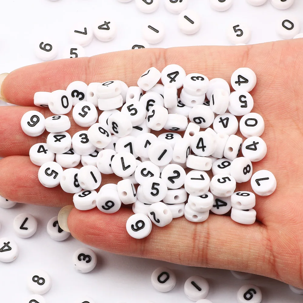 Flat Round White Acrylic Beads 4x7mm Digital Number Loose Beads For Jewelry Making DIY Keychain Earrings Gifts Supplies