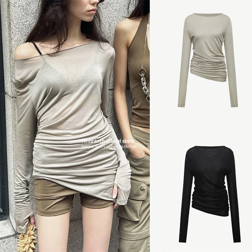 

Firmranch 2024 Spring Autumn Thin Through Tencel Slim T-shirts Asymmetrical Draw Waist Boat Neck Long Sleeve Top for women