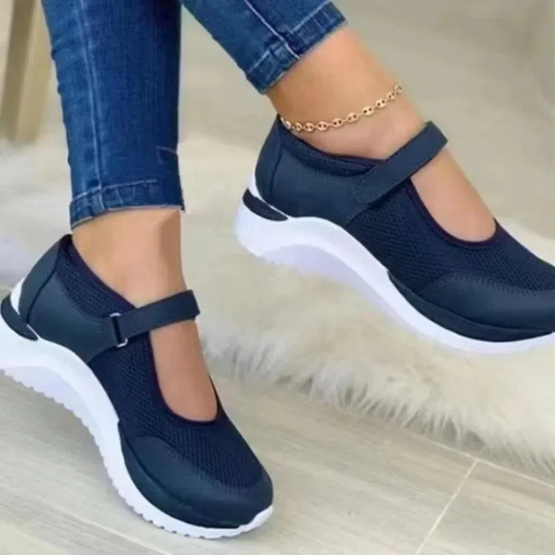 Zapatos vulcanizados de malla transpirable para mujeres, zapatos planos casuales, zapatos para caminar, tallas grandes,