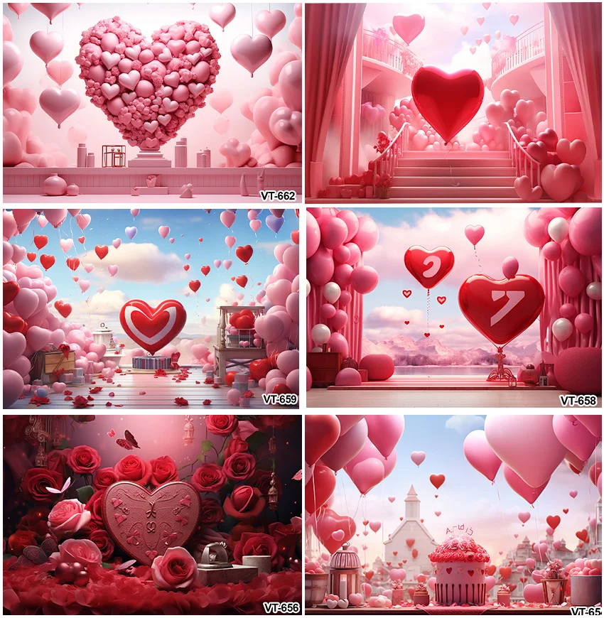 Pink Backgrounds Red Love Heart Shape Balloons Roses Photographic Valentine's Day Princess Kids Birthday Wedding Decor Backdrops