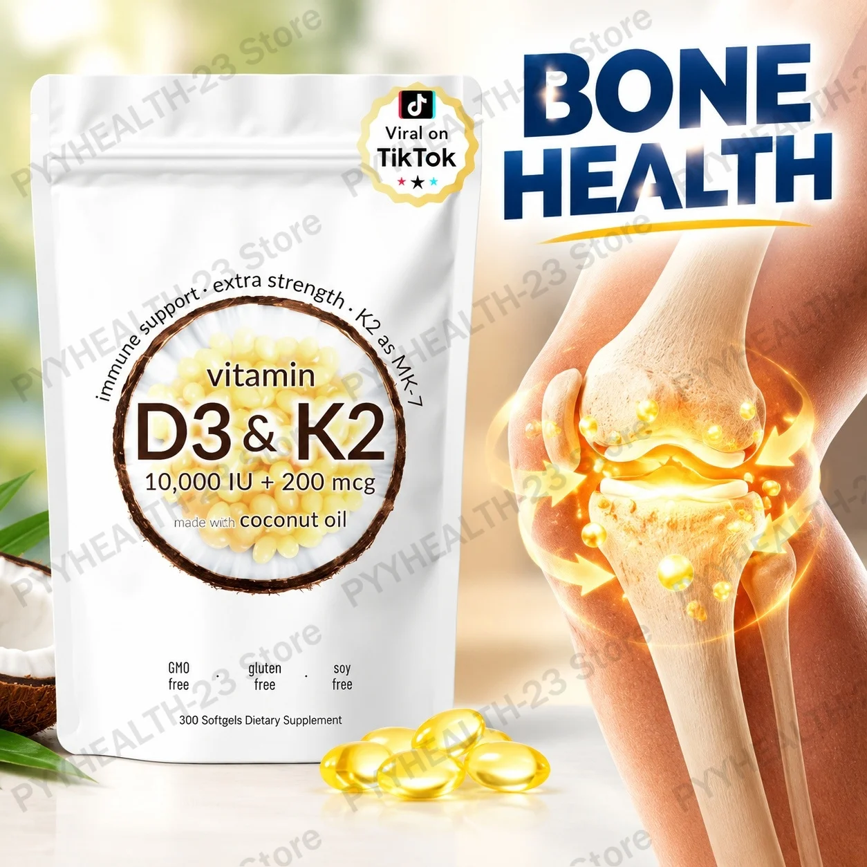 Vitamin D3 K2 MK-7 Softgels Promote Calcium Absorption Maintain Healthy Bone Density for Highly Active Senior Adults 300 Pcs