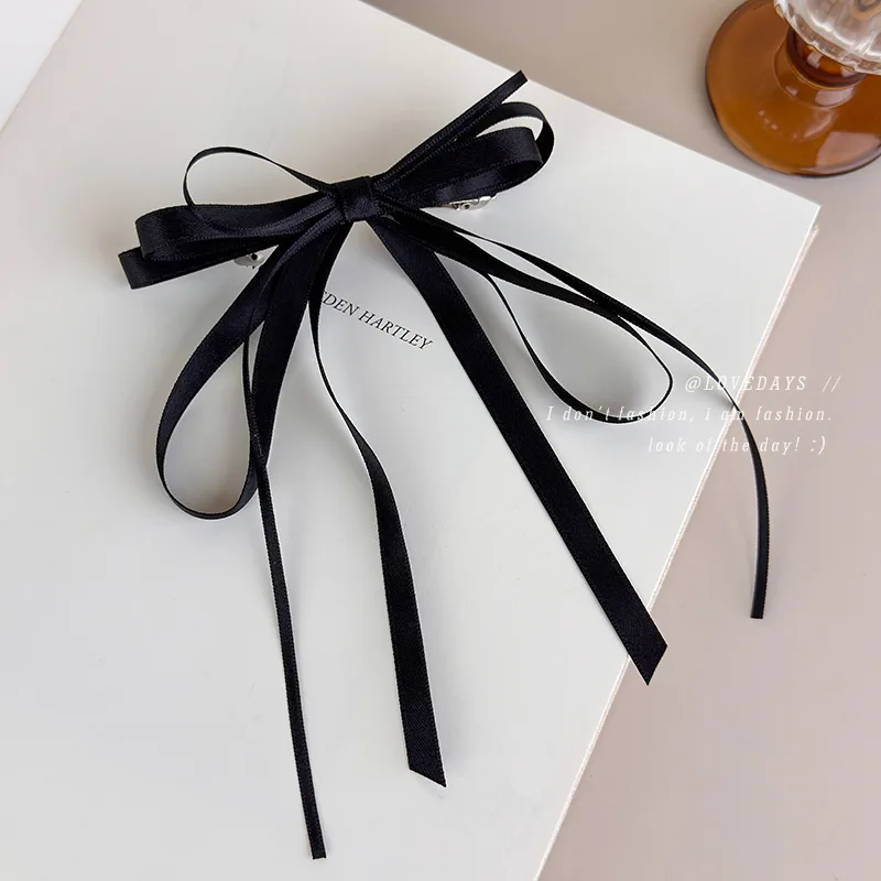 Black Satin Double Layer Bow Hair Clip with Long Ribbon Tails Side Clip Half Up Hairstyle Elegant Casual Women Hair Accessories