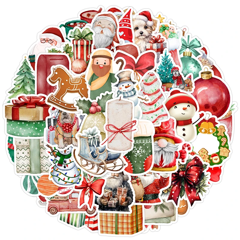 50PCS Cute Christmas Stickers Vinyl Waterproof Holiday Decals Funny Santa Claus Scrapbooking Stickers Christmas Theme Decoration