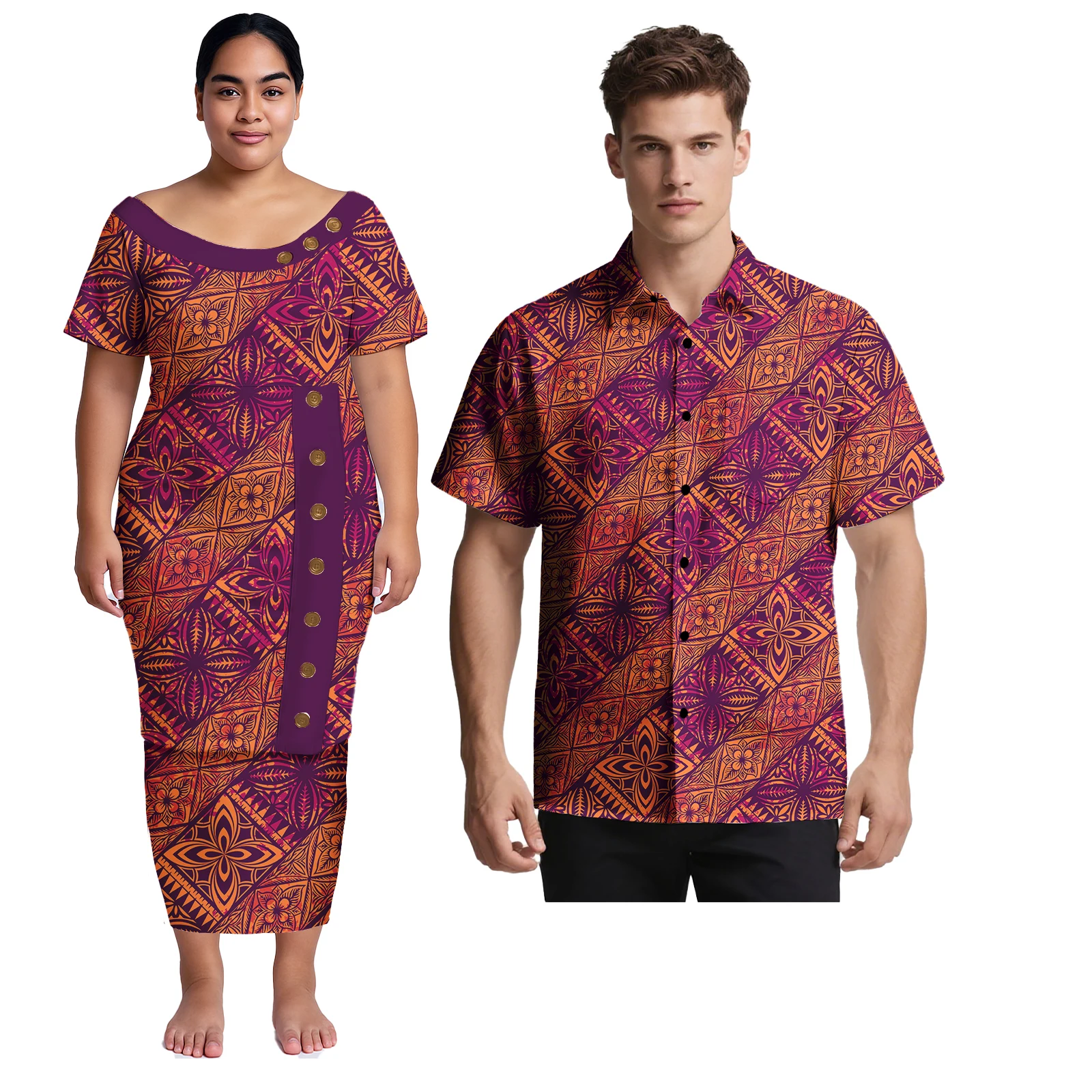Coppia di abbigliamento polinesiano Abito da sera da donna Abito tribale samoano Abiti da donna Puletasi e camicie Aloha