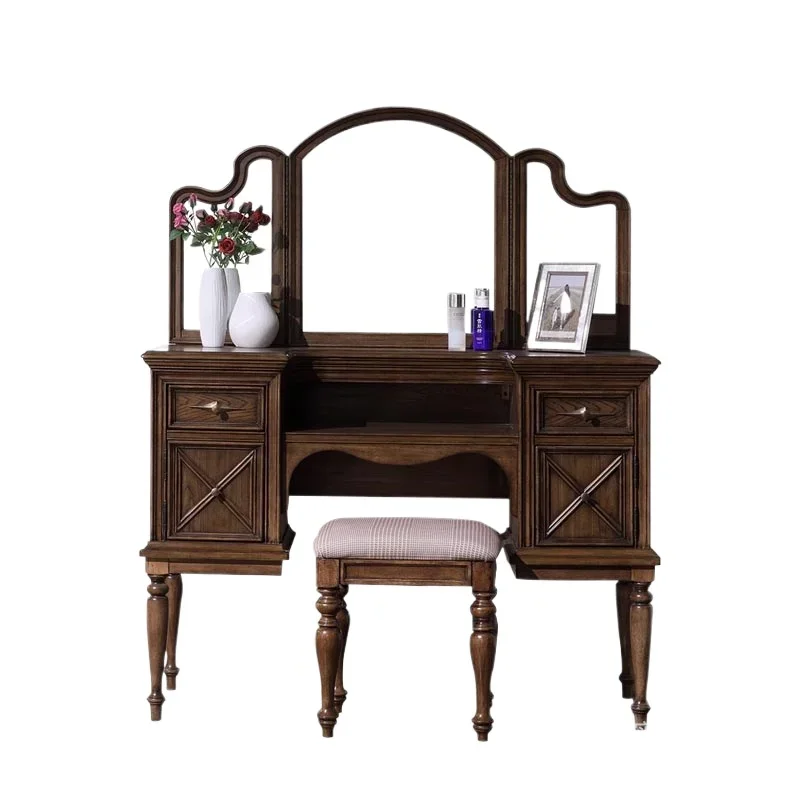 

Solid wood retro dressing stool combination, bedroom American simple with mirror makeup table