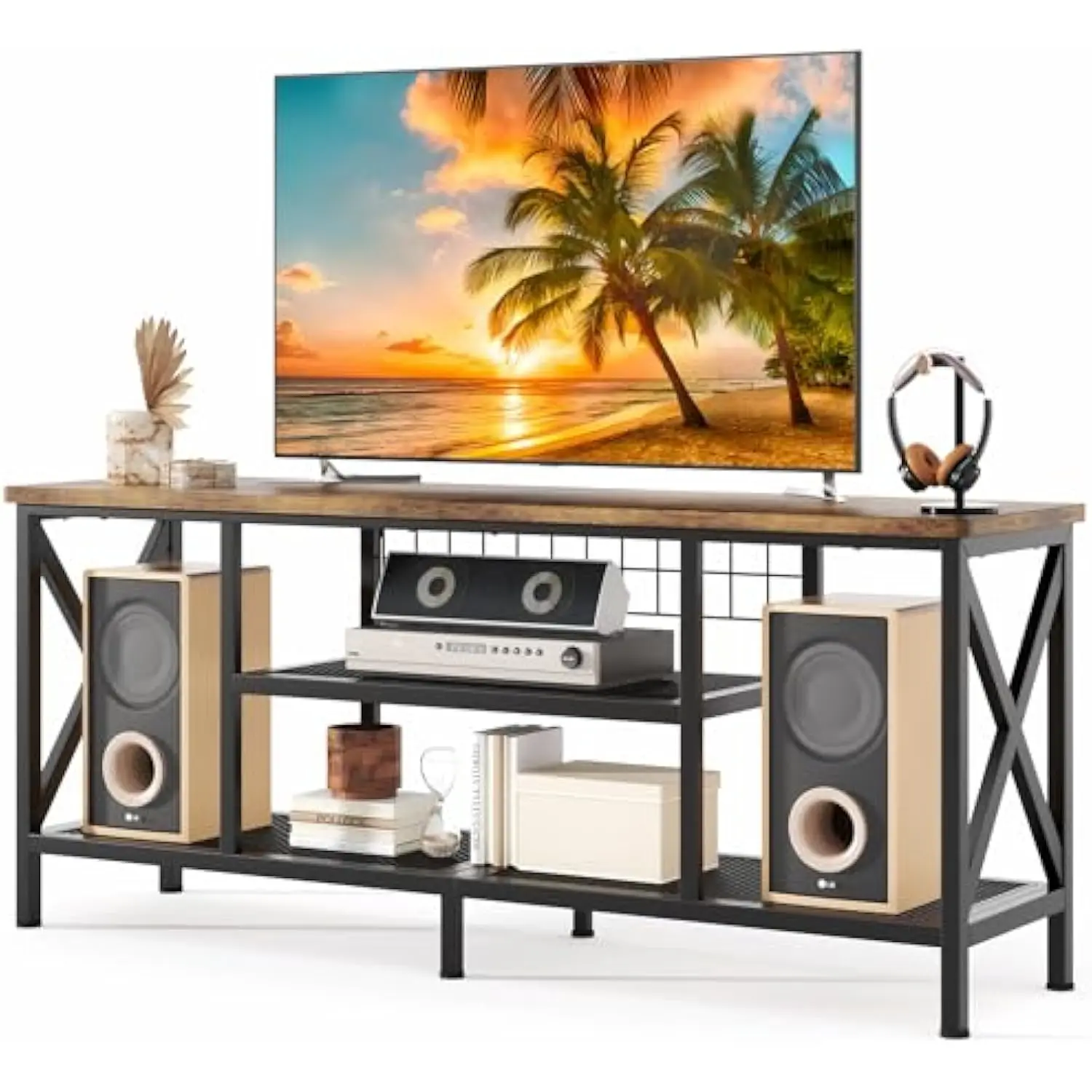 

59.8 Industrial TV Stand for 55-65 Inch TVs, Rustic Brown, 3-Tier Media Entertainment Center with Open Shelves, Metal Frame, S