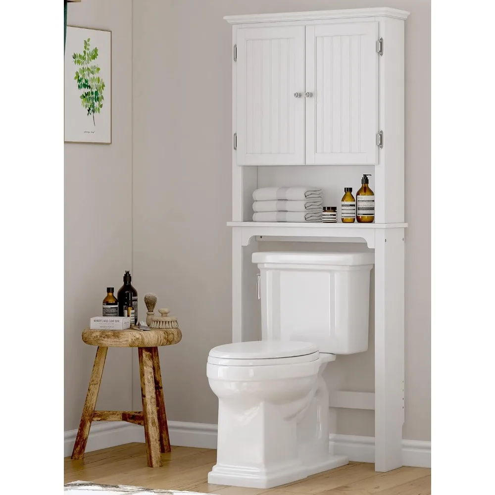 

Over The Toilet Storage Cabinet, Over Toilet Bathroom Organizer with Adjustable Shelves and Double Doors, White