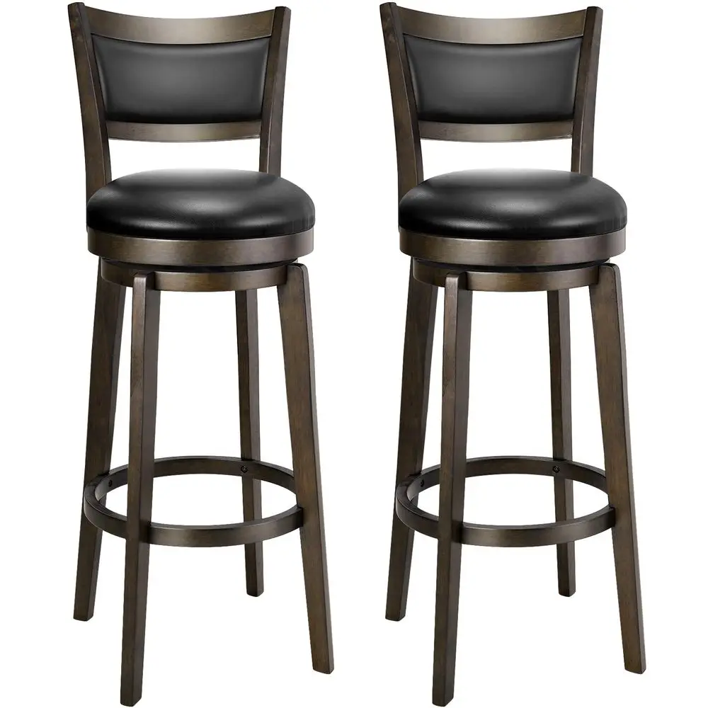 Swivel Bar Stools Set of 2, 34 Inch Extra Tall Bar Height Barstools, Black Faux Leather Bar Stool with High Backrest, Solid Woo