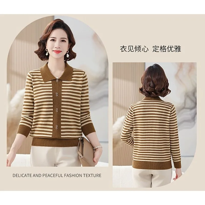 الخريف والشتاء فضفاض التلبيب المرأة النمط الغربي مخطط محبوك سترة طويلة الأكمام قاع قميص أعلى #5