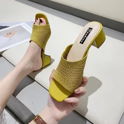 Comemore Women Shoes Woman's Slippers Mules Slides Peep Toe High Heels Sandal Female Shoe Casual Medium Heel Summer Sandals