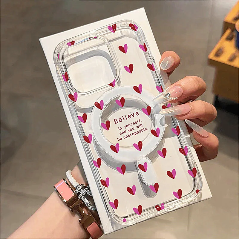 Прозрачный чехол с беспроводной зарядкой для Samsung Galaxy S25 S24 Ultra S23 S22 Plus S21 FE Wine Red Little Love Heart Print Phone Cover